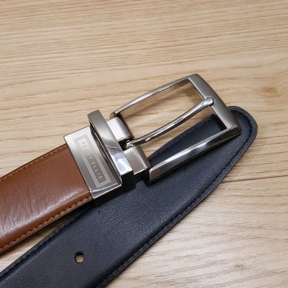 PERRY ELLIS Belt Mens Size 38 Brown Black Bonded Leather Reversible